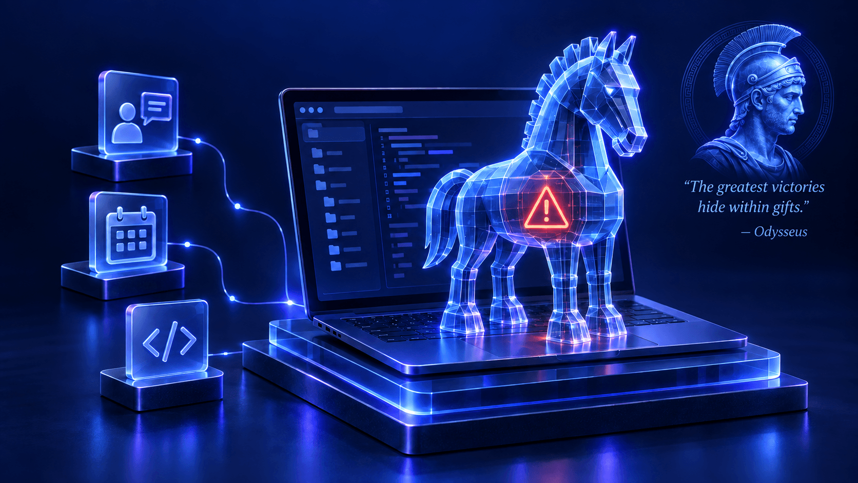 A glass Trojan horse concealing a malware warning on a laptop, linked to recruiting and interview icons, with helmeted Odysseus and the quote ‘The greatest victories hide within gifts.’