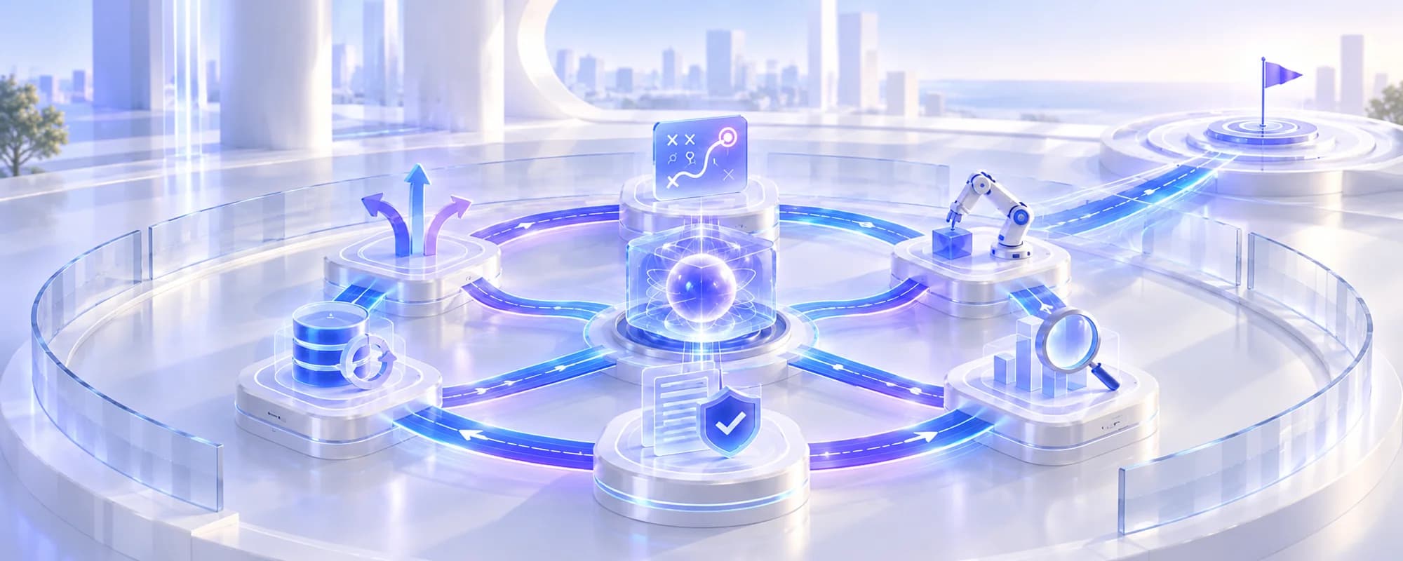 Luminous blue and violet pathways connect an AI core with planning, action, observation, verification, memory, and goal stations in a white architectural landscape.