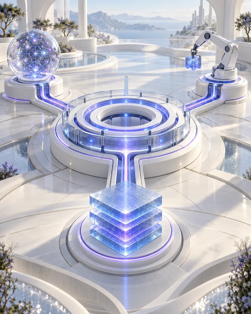 A white circular harness platform connected to a luminous model sphere, robotic tool arm, and stacked context slabs.