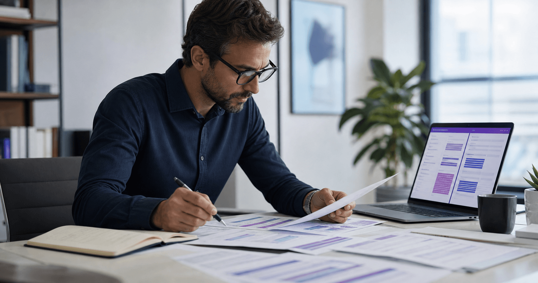 A business analyst reviewing printed requirements beside a laptop displaying a document comparison interface.