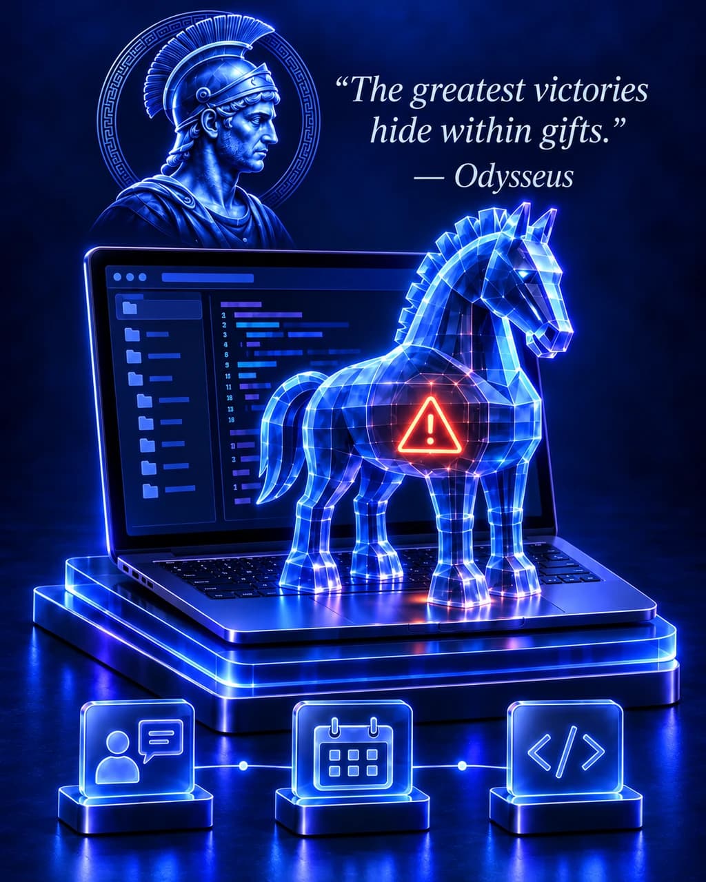 A glass Trojan horse concealing a malware warning on a laptop, linked to recruiting and interview icons, with helmeted Odysseus and the quote ‘The greatest victories hide within gifts.’