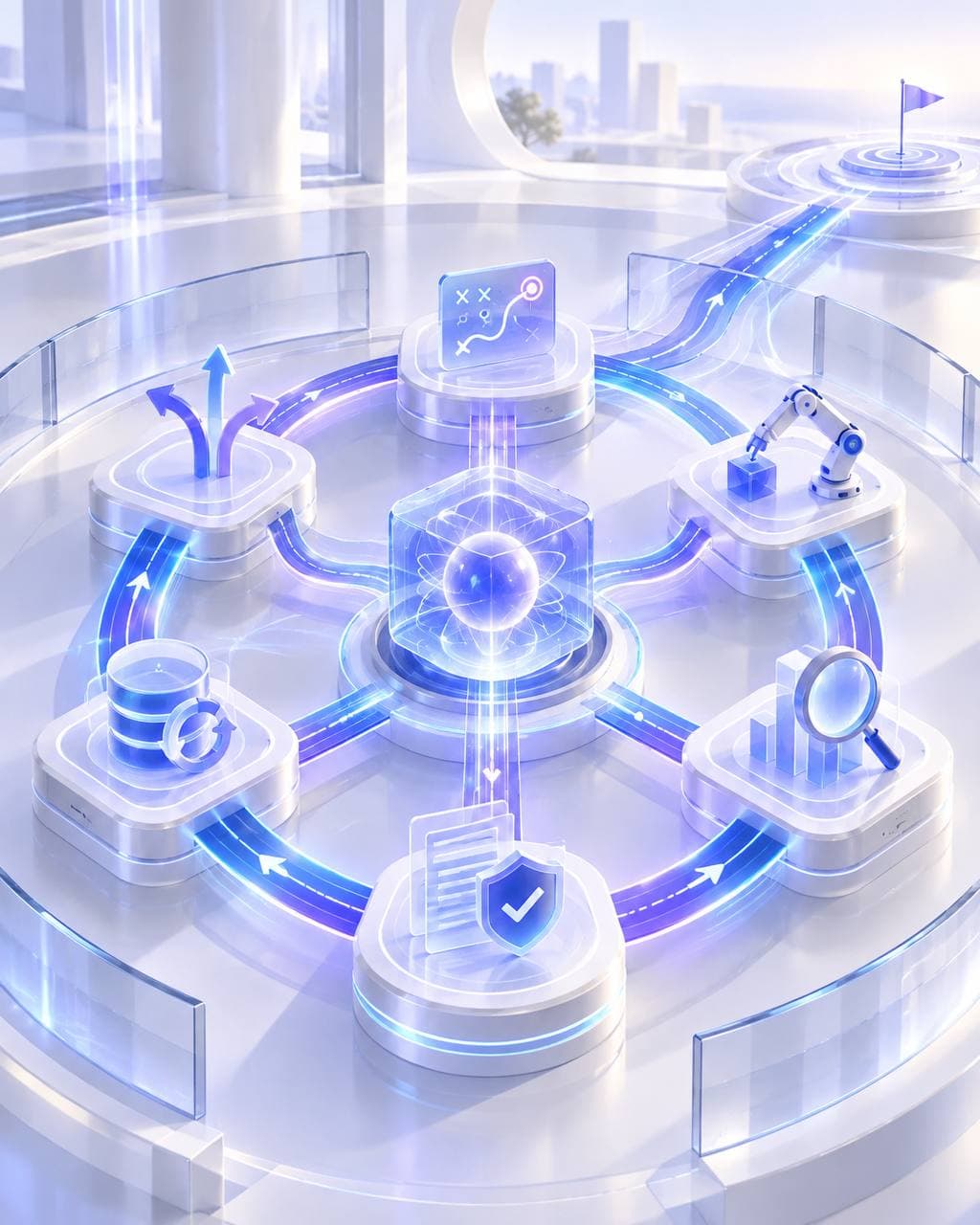 Luminous blue and violet pathways connect an AI core with planning, action, observation, verification, and memory stations in a white architectural landscape.