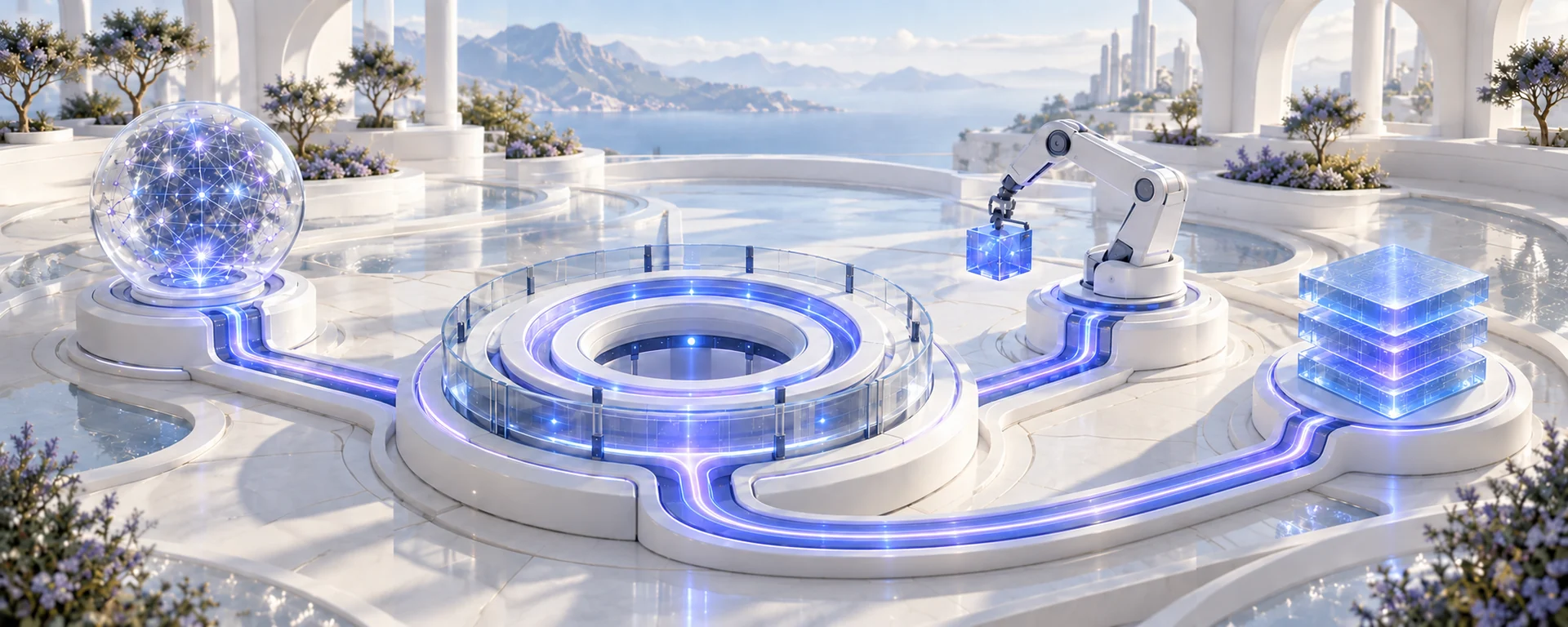 A white circular harness platform connects through blue and violet pathways to a model sphere, robotic tool arm, and stacked context and state slabs.